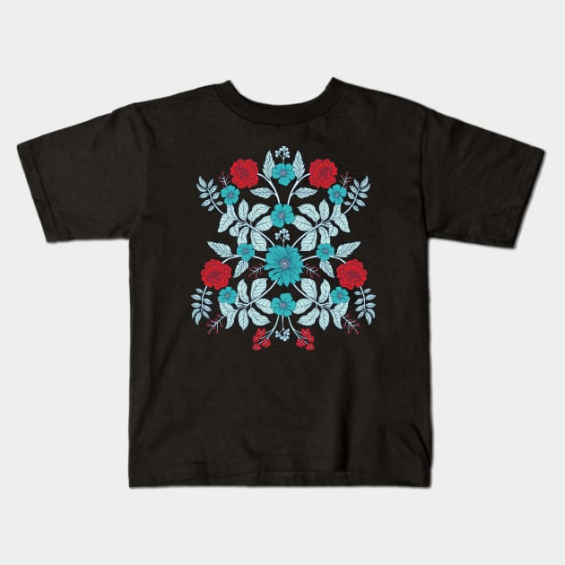 Red, Turquoise and Navy Blue Floral Kids T-Shirt by somecallmebeth